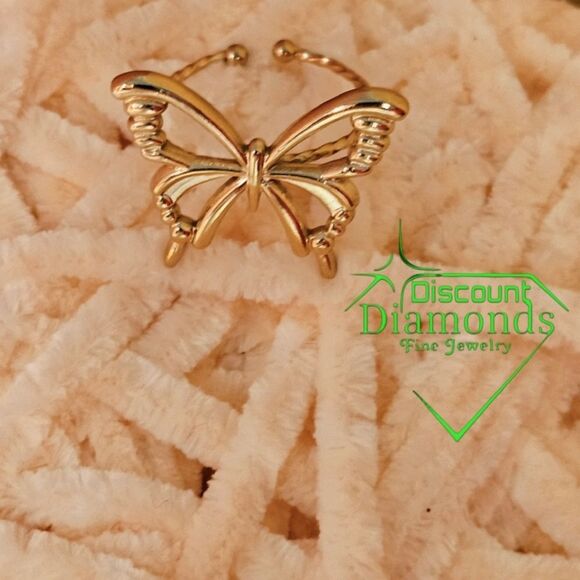 14K Yellow Gold One Size Fits All Butterfly Ring Stainless Steel - Picture 2 of 11